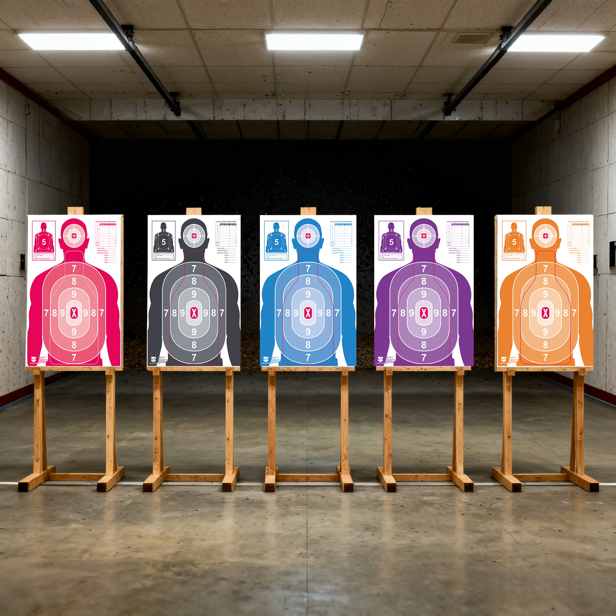 Five SAFVIN paper targets in blue, magenta, charcoal, purple and orange displayed at an indoor range