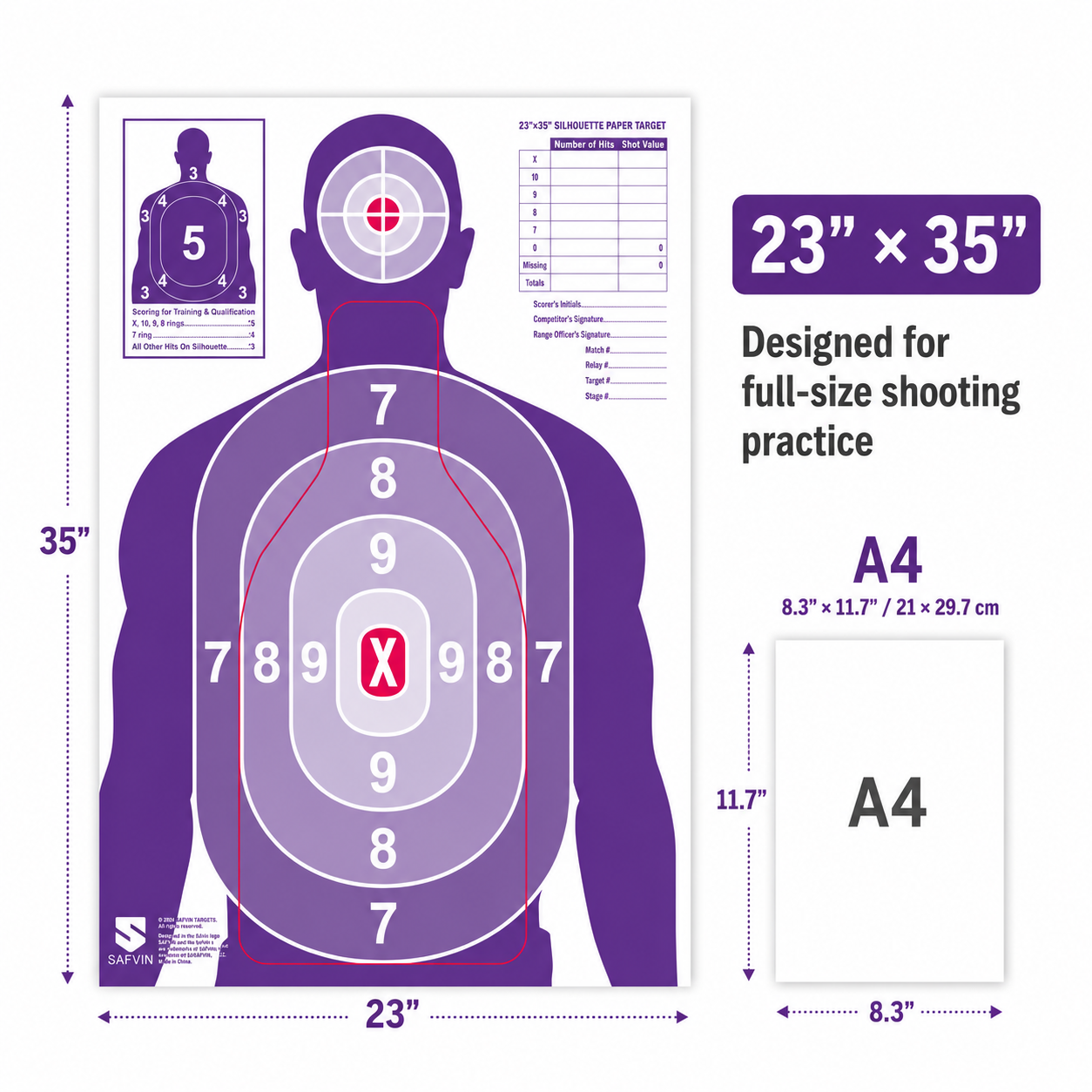 Purple SAFVIN target shown beside an A4 sheet to illustrate the 23 by 35 inch size